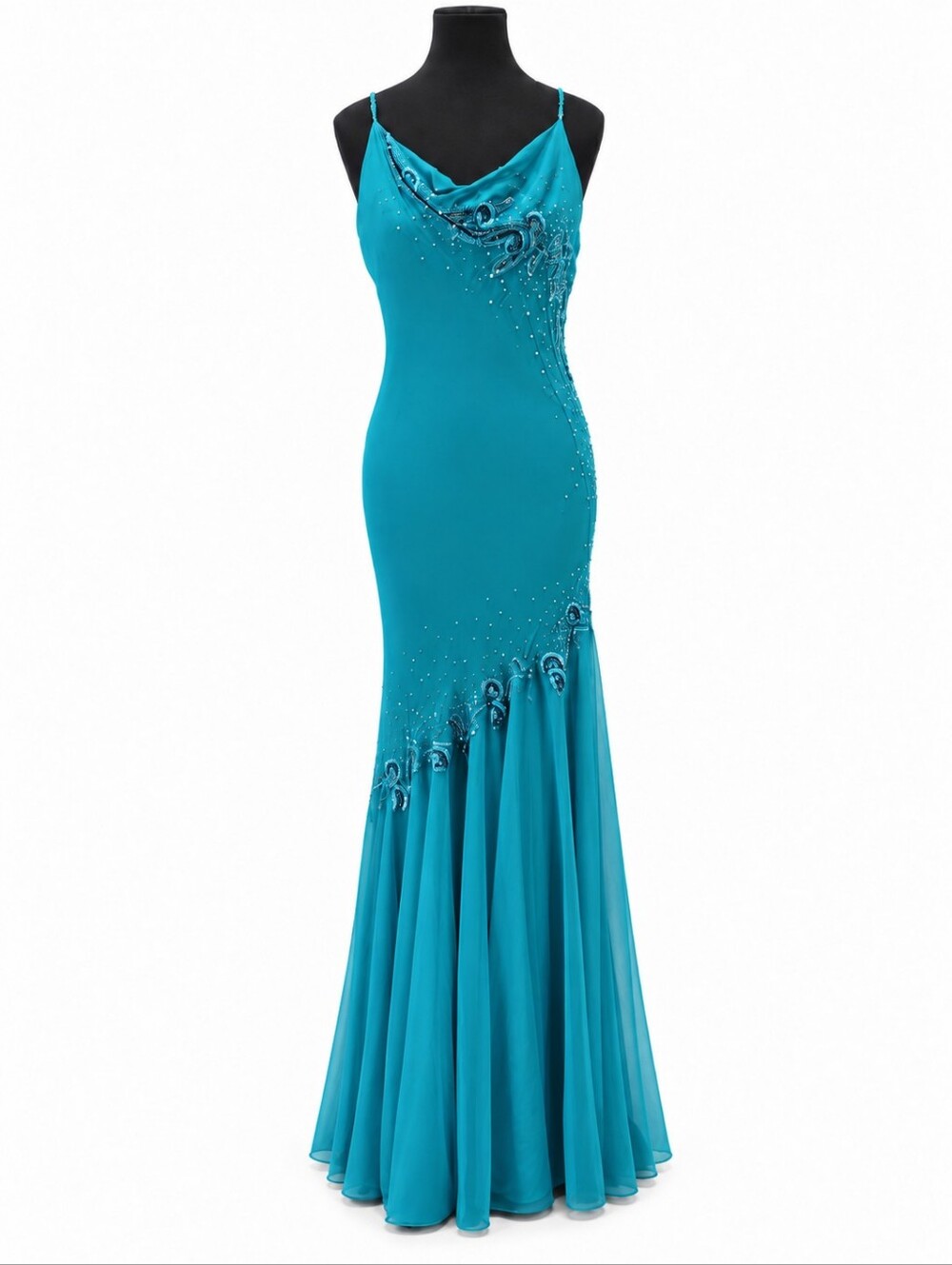 Vintage Xscape Joanna Chen Teal Silk Beaded Mermaid Evening Gown Size 14